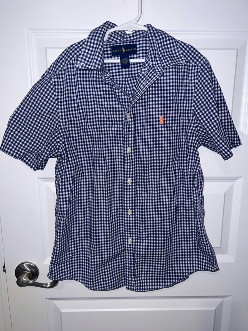 Size large boys (14-16)Ralph Lauren Navy Gingham Short-Sleeve Button-Down Shirt